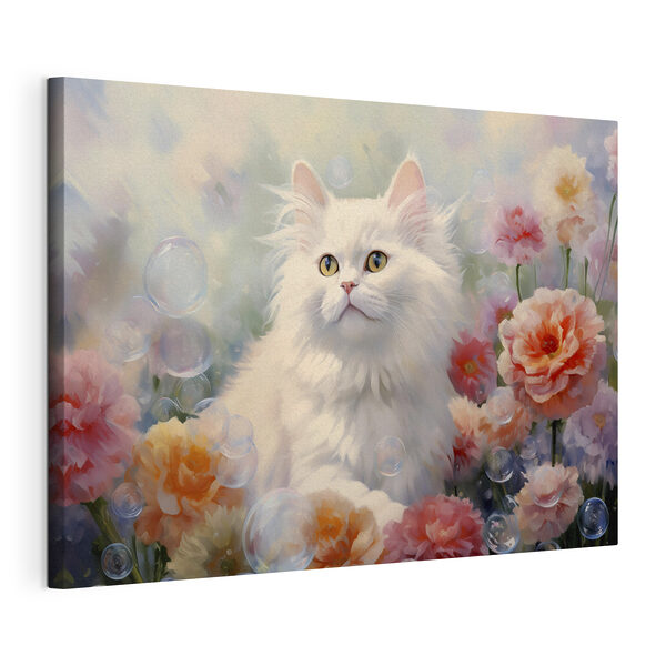 Gatto bianco circondato da fiori e bolle Quadri Gatto bianco circondato da fiori e bolle