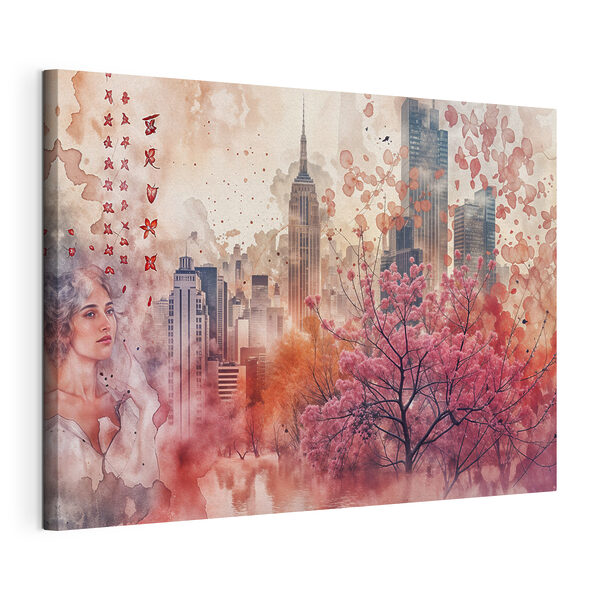 Quadri Un albero rosa con foglie rosa davanti a una città (COD: s40026) Quadri Quadri Un albero rosa con foglie rosa davanti a una città (COD: s40026)