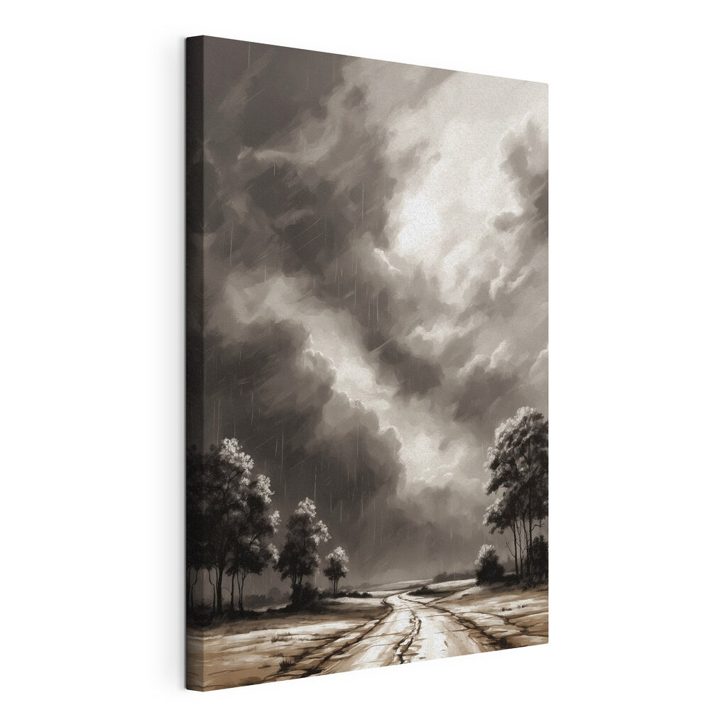Black and white image of trees and rain