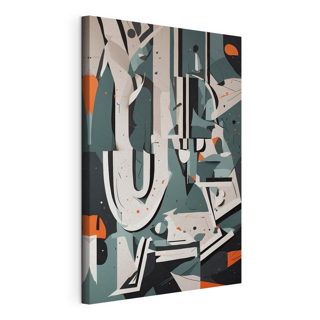 Colorful art piece with white and orange shapes Colorful art piece with white and orange shapes