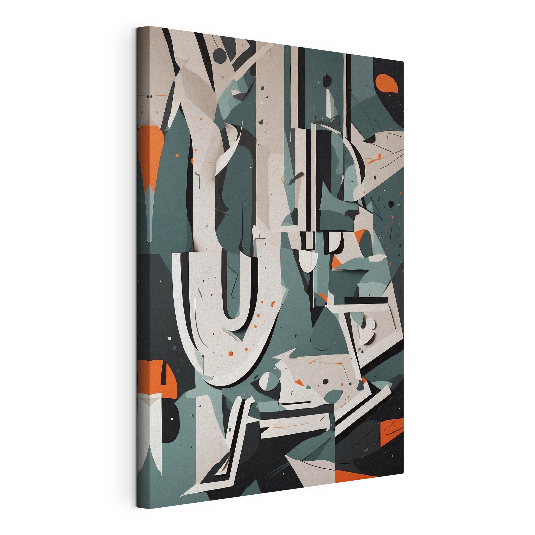 Colorful art piece with white and orange shapes Colorful art piece with white and orange shapes