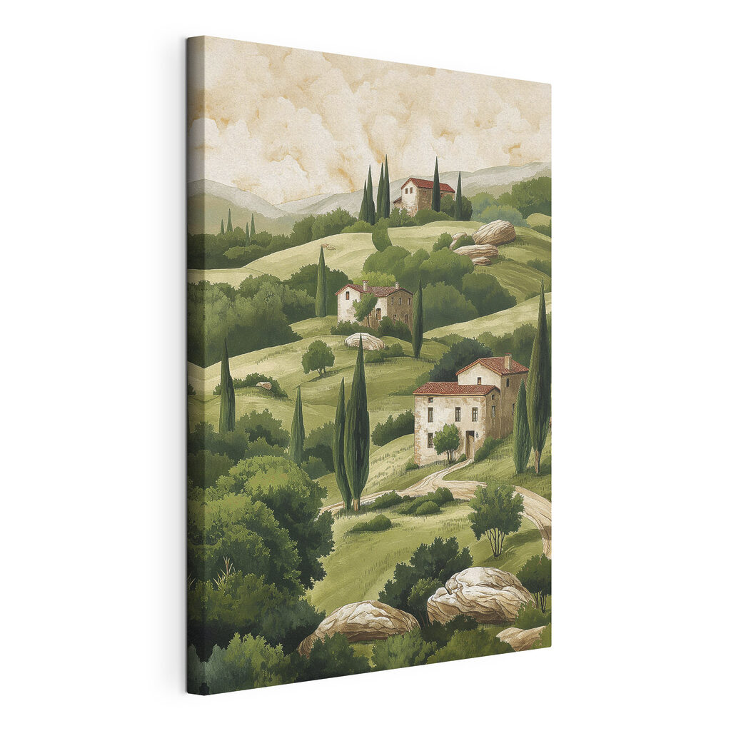 Painting of a landscape with houses and trees