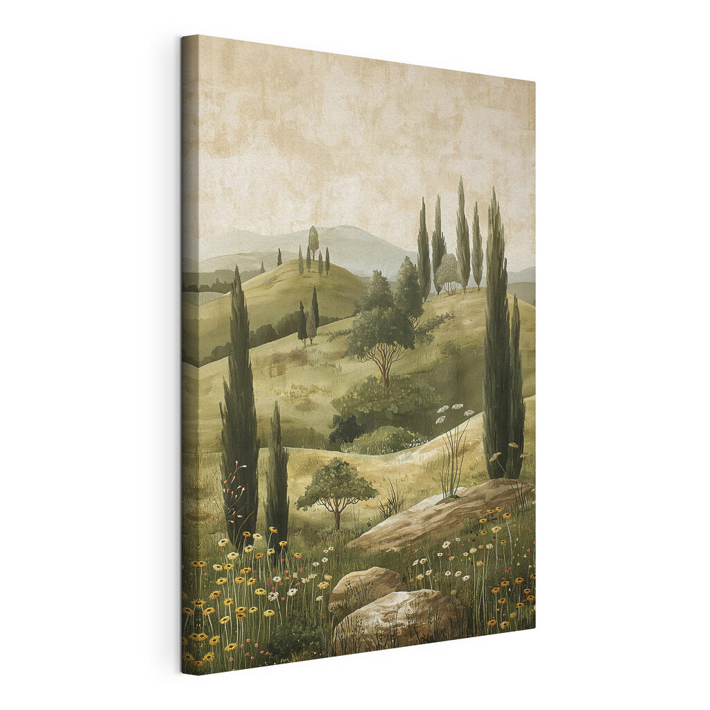 Painting of a landscape with trees and hills Painting of a landscape with trees and hills