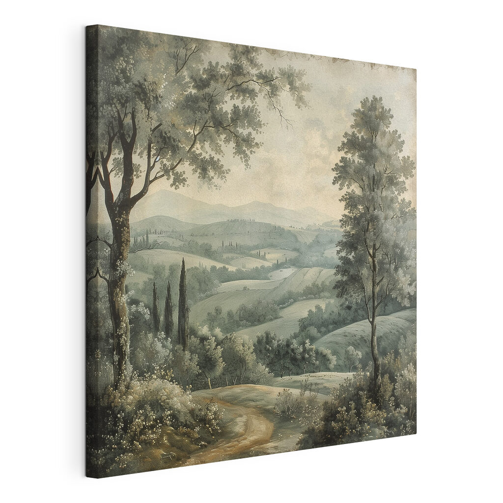 Painting of a landscape with trees and hills Painting of a landscape with trees and hills