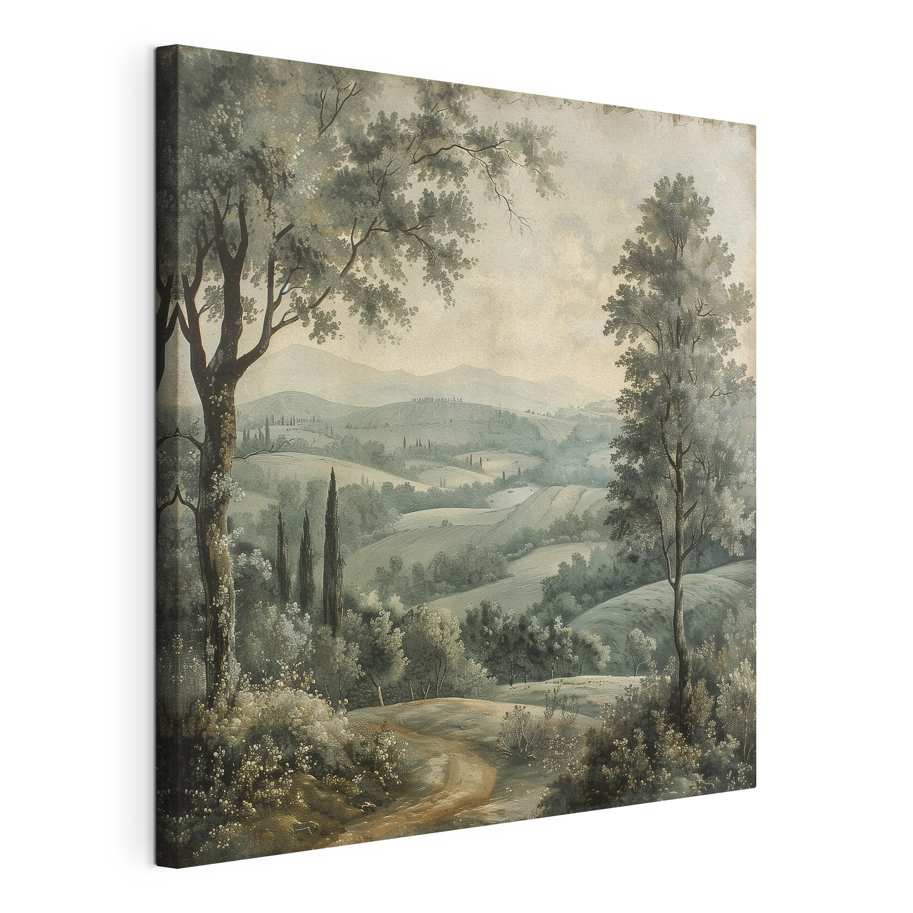 Painting of a landscape with trees and hills Painting of a landscape with trees and hills