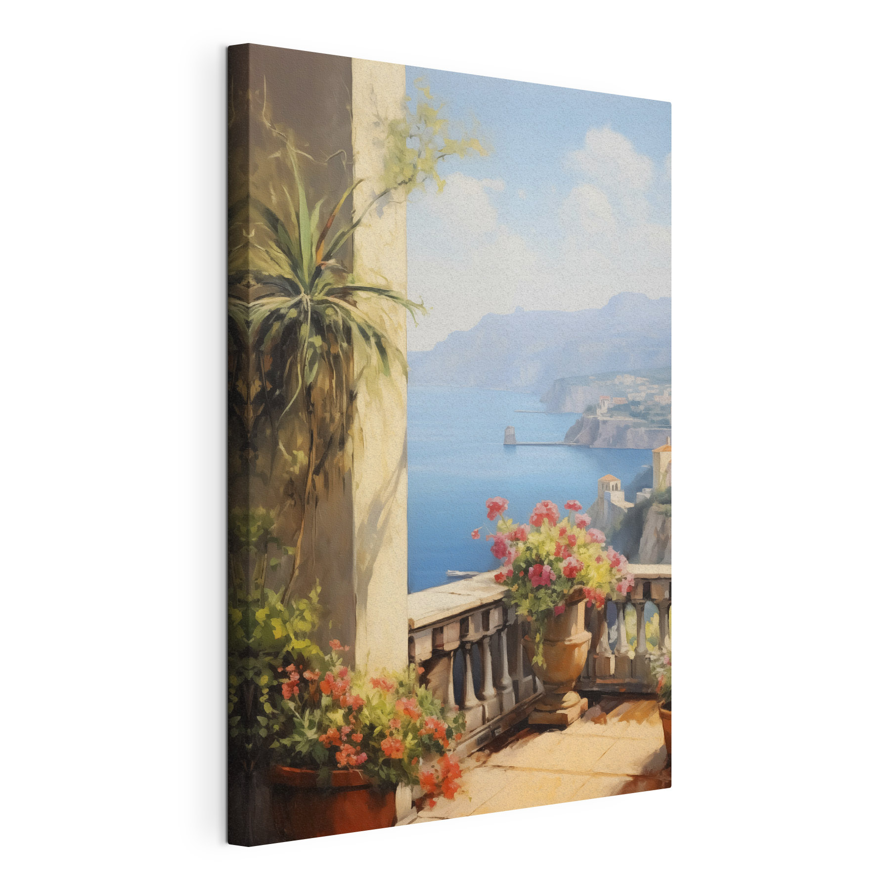 Painting of a balcony overlooking a body of water Painting of a balcony overlooking a body of water