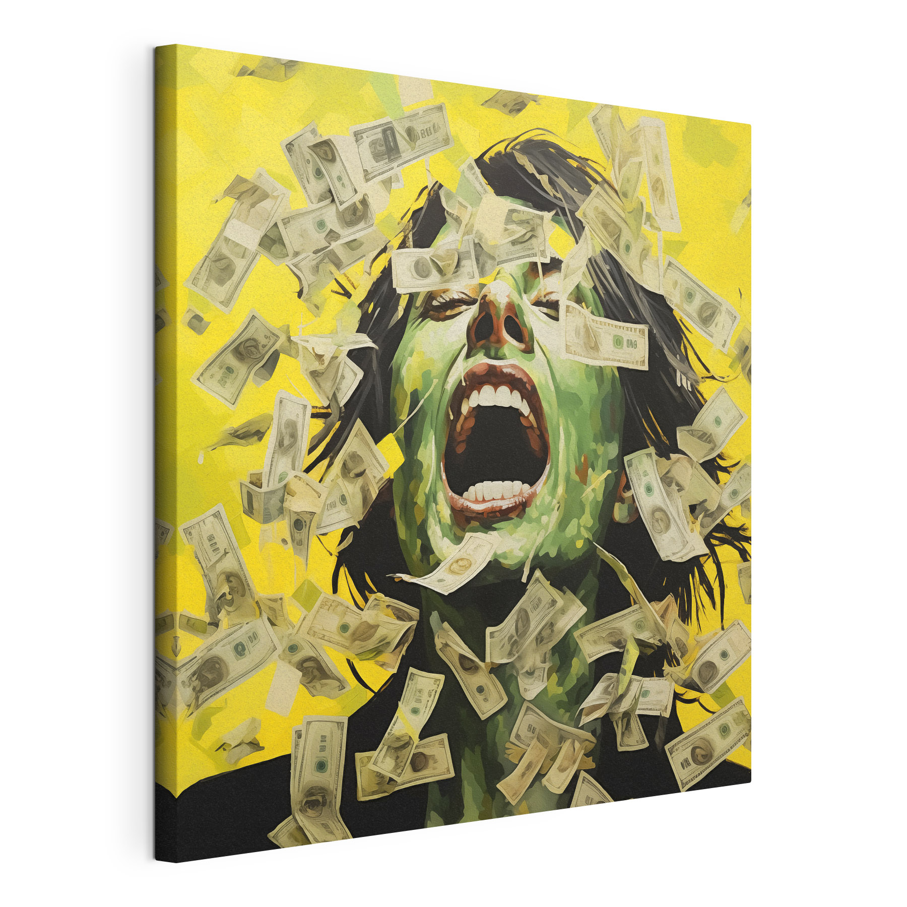 Woman with green face and money falling from her face Woman with green face and money falling from her face