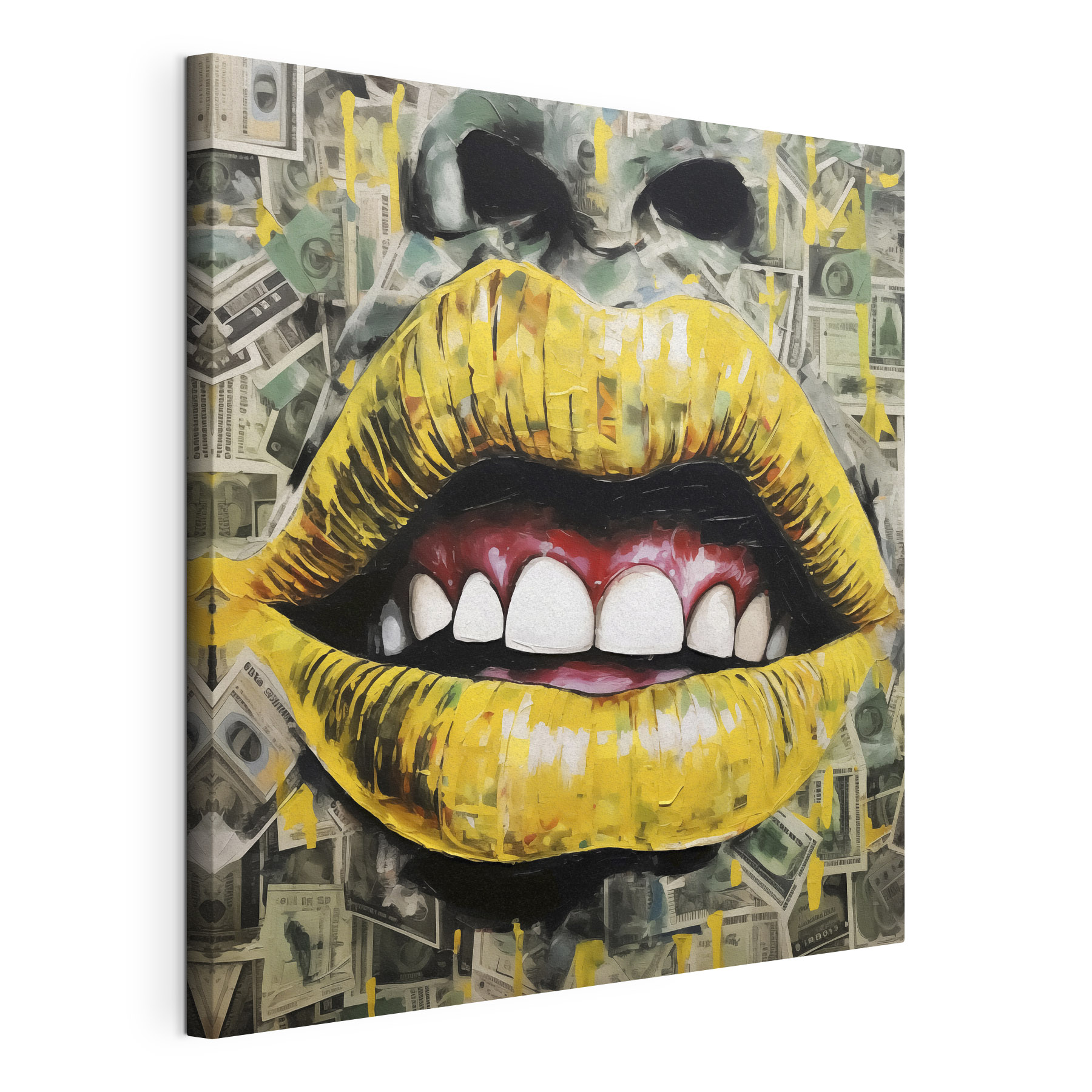 Painting of a mouth and mouth with money Painting of a mouth and mouth with money