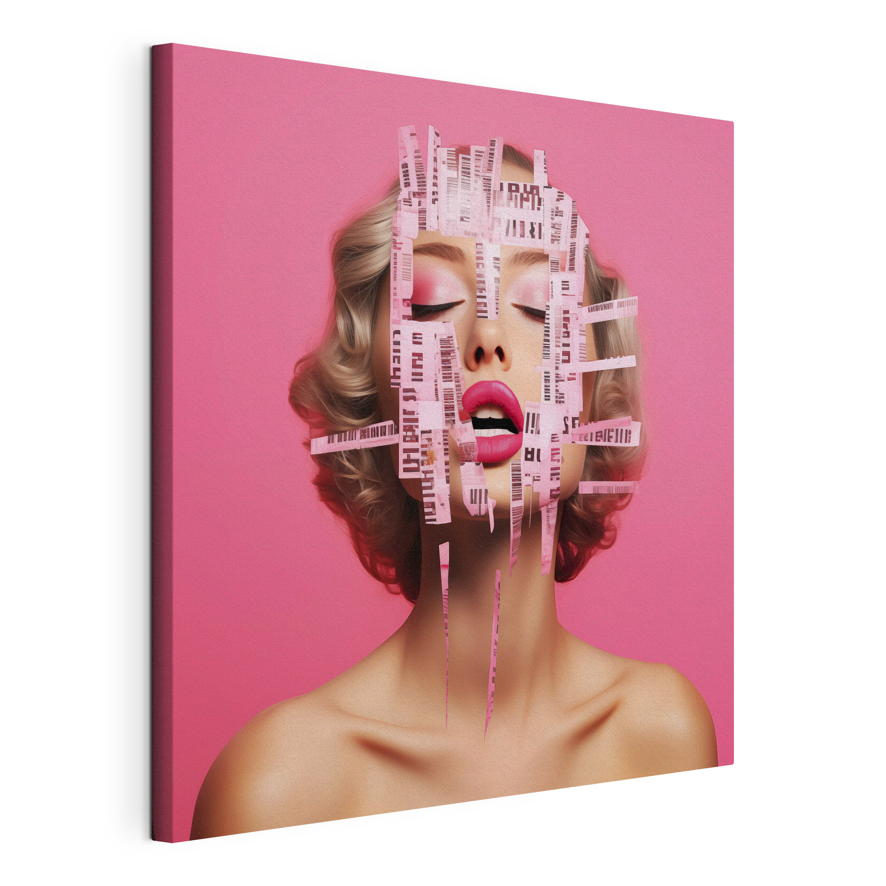Woman with pink paper strips over her face Woman with pink paper strips over her face