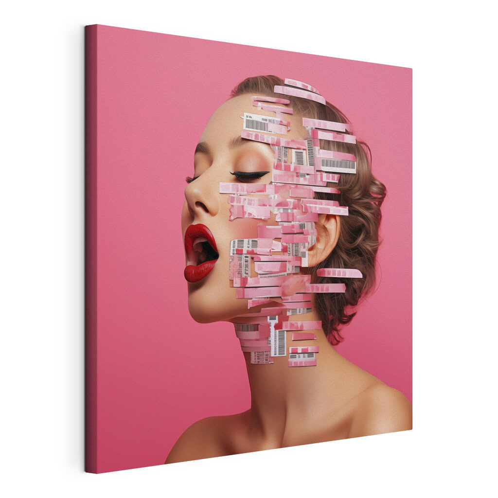 Woman with red lipstick and red lips with paper strips on her face