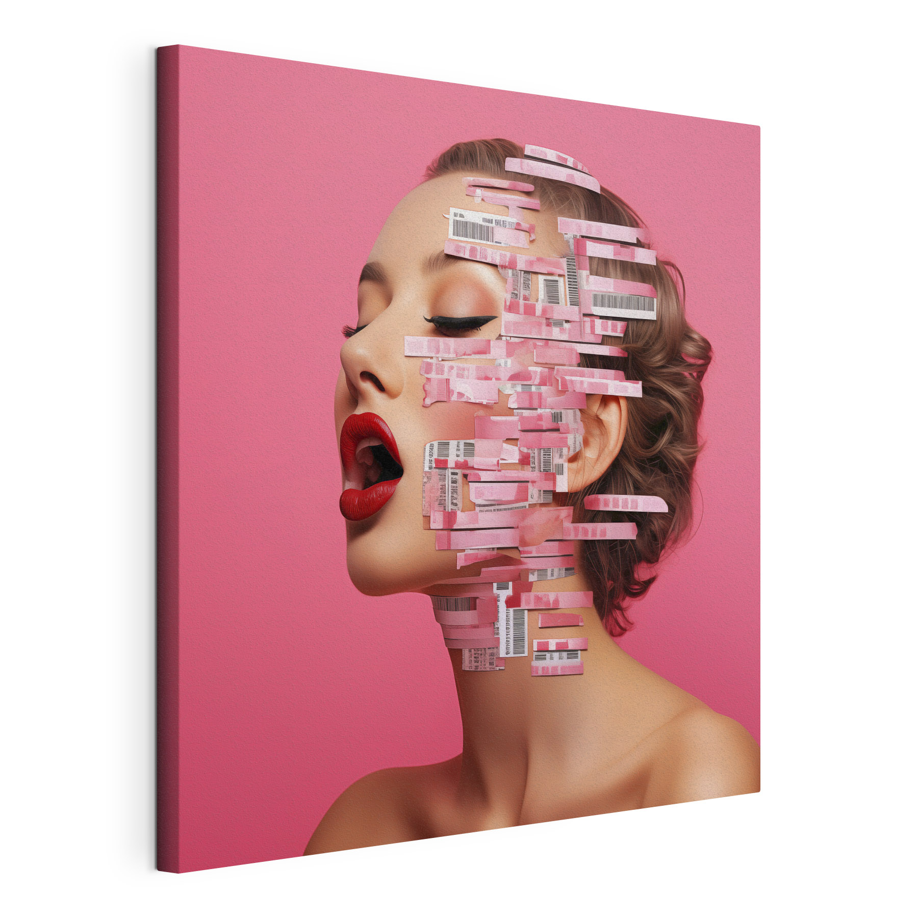 Woman with red lipstick and red lips with paper strips on her face