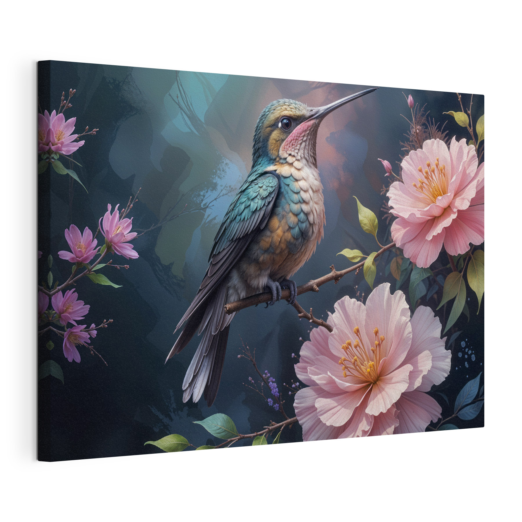 Bird sitting on a branch with flowers Bird sitting on a branch with flowers