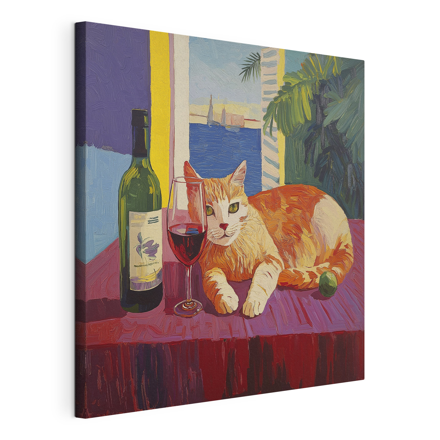 Cat lying on a table next to a wine bottle Cat lying on a table next to a wine bottle