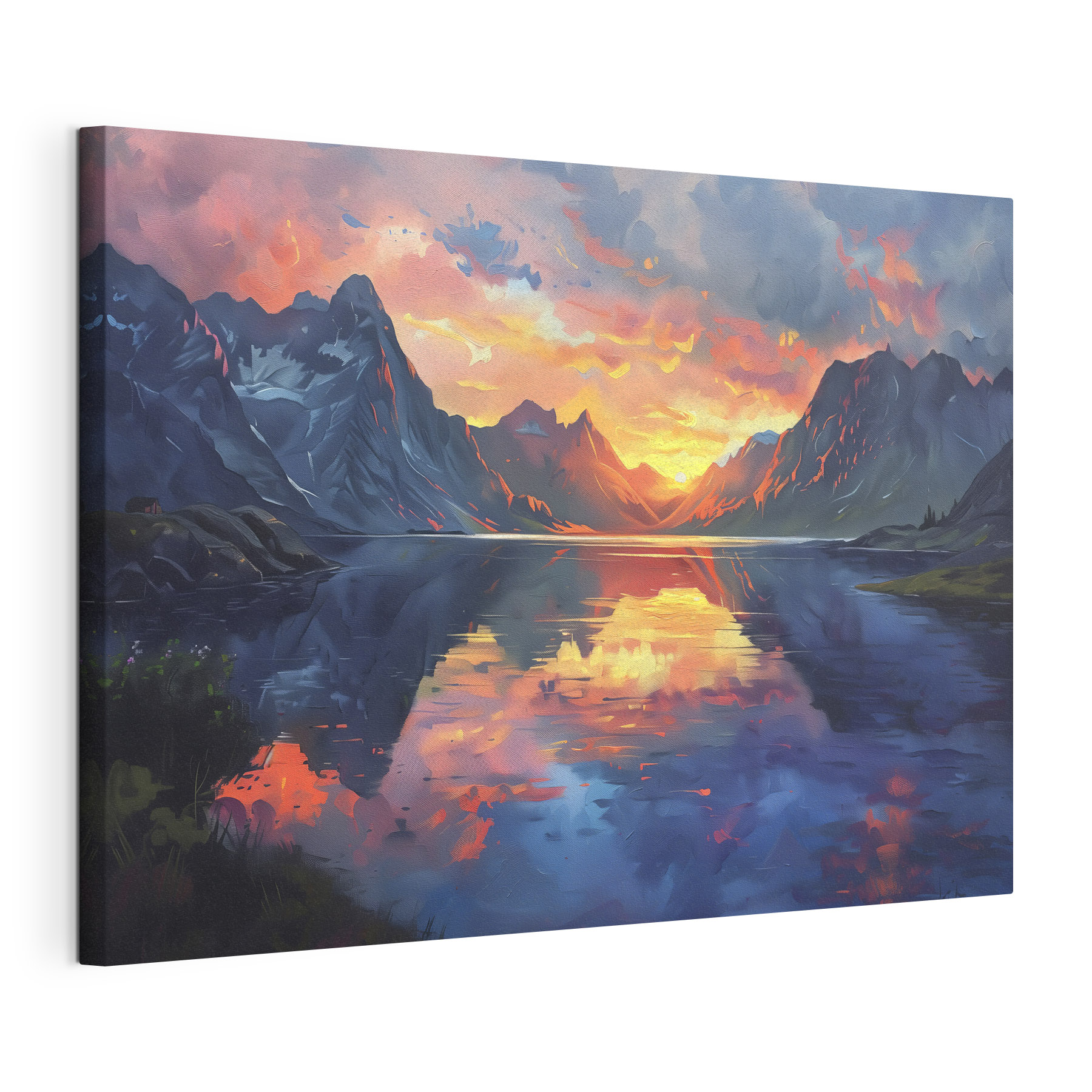 Mountain range with a lake and sunset