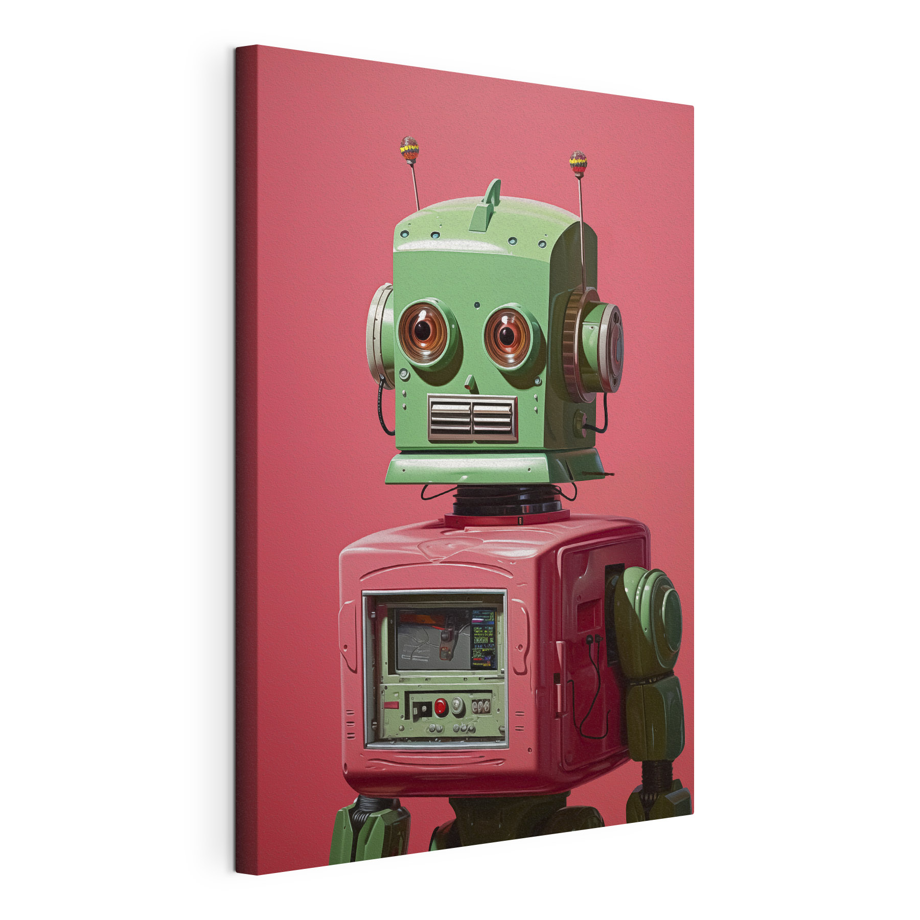 Green and pink robot with large eyes