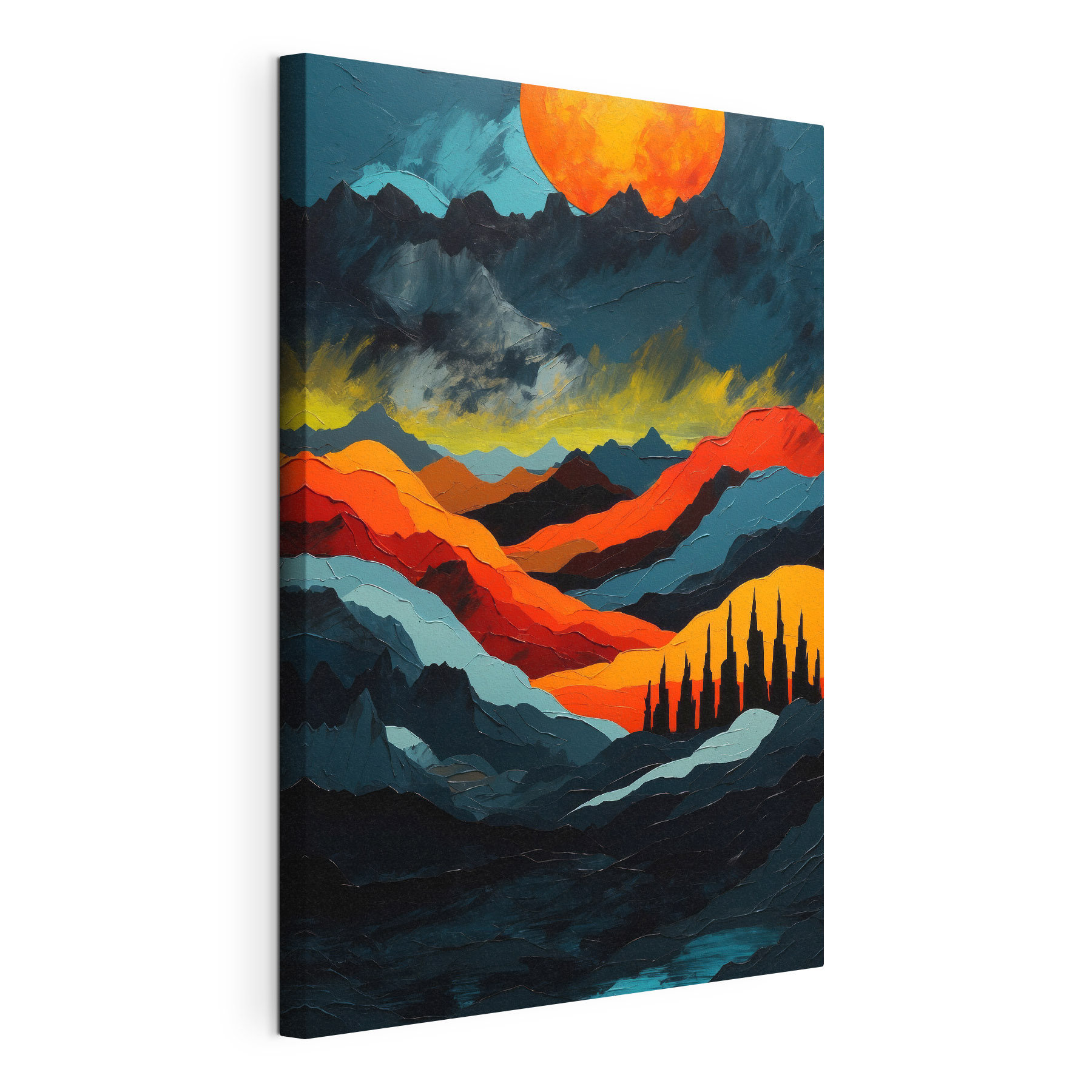 Painting of mountains with colorful hills Painting of mountains with colorful hills