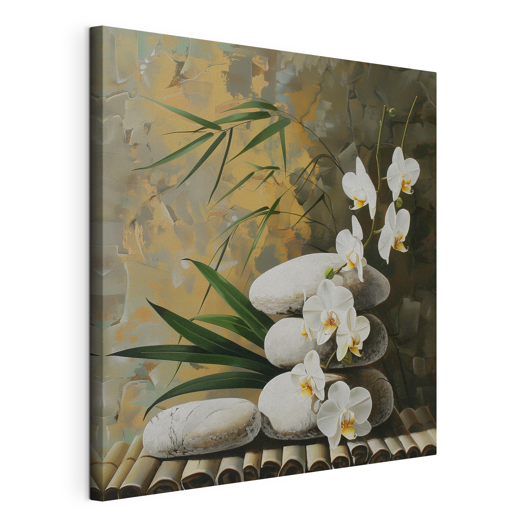 Painting of white flowers and green leaves on a bamboo surface Painting of white flowers and green leaves on a bamboo surface
