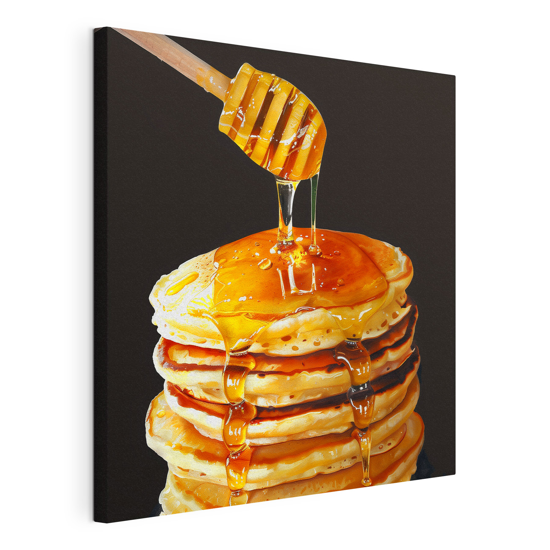 Stack of pancakes with honey dripping from a wooden stick