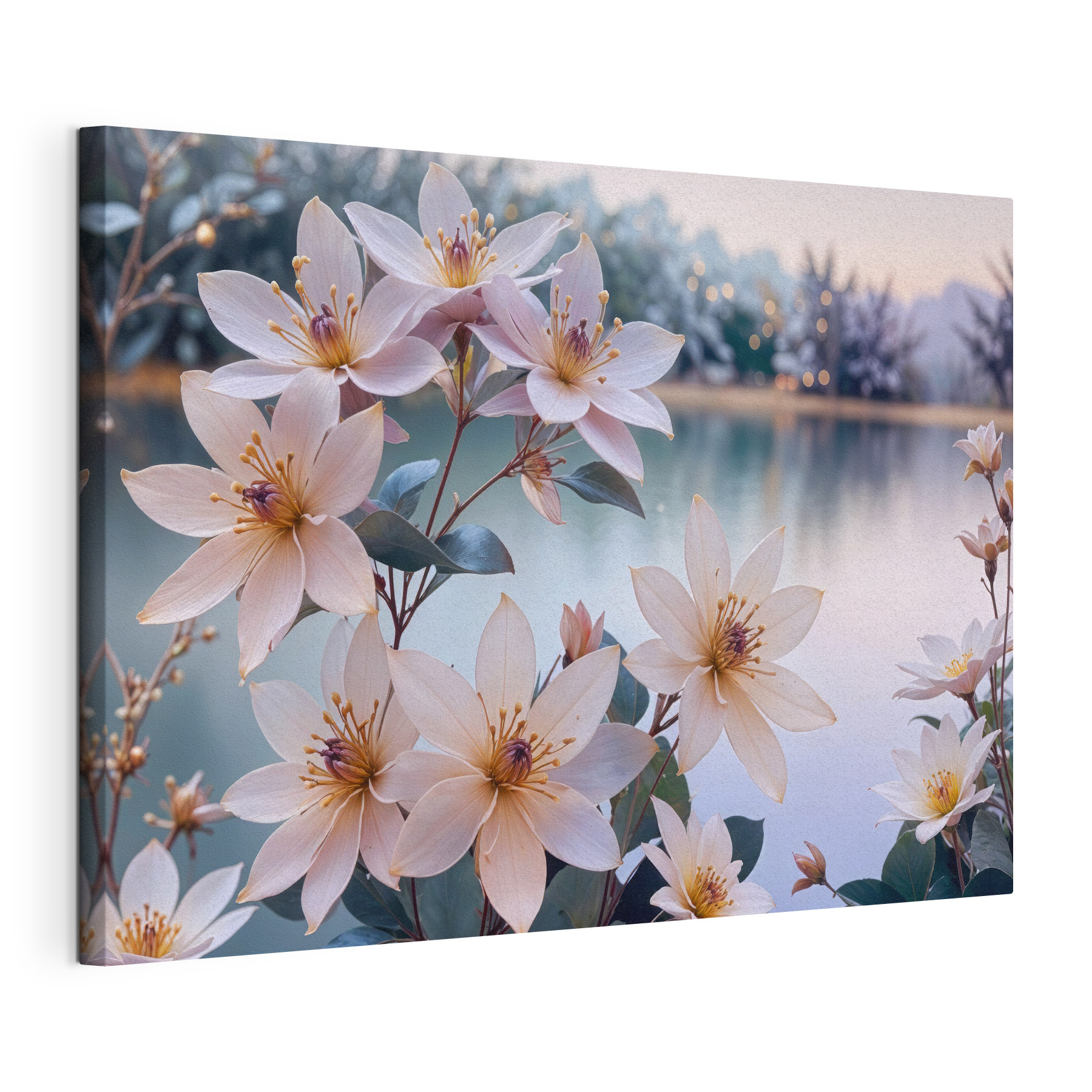 Group of white flowers next to a body of water Group of white flowers next to a body of water