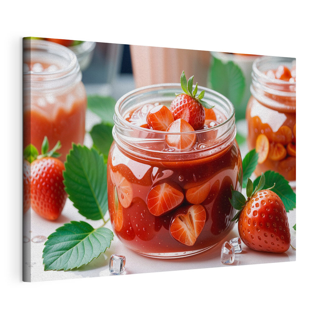 Jar of red liquid with strawberries and leaves Jar of red liquid with strawberries and leaves