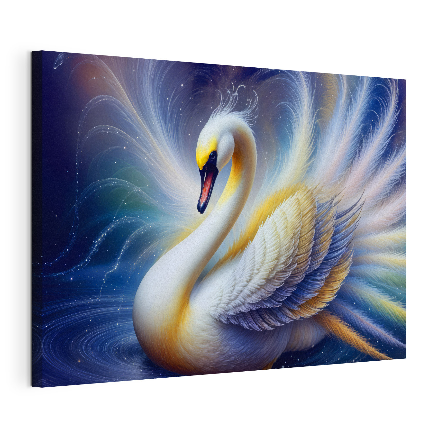 White swan with yellow and blue feathers