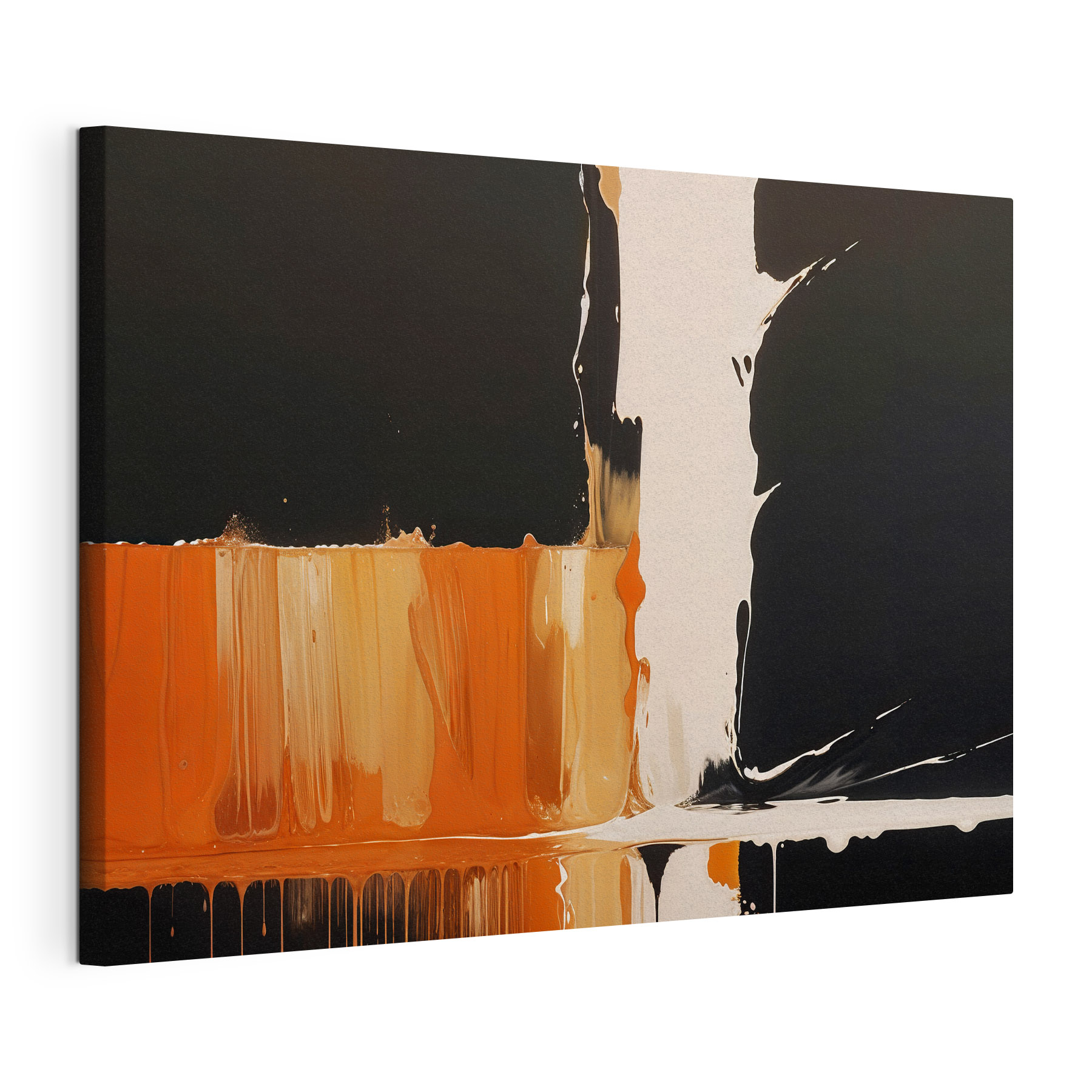 White and orange paint dripping down a black surface