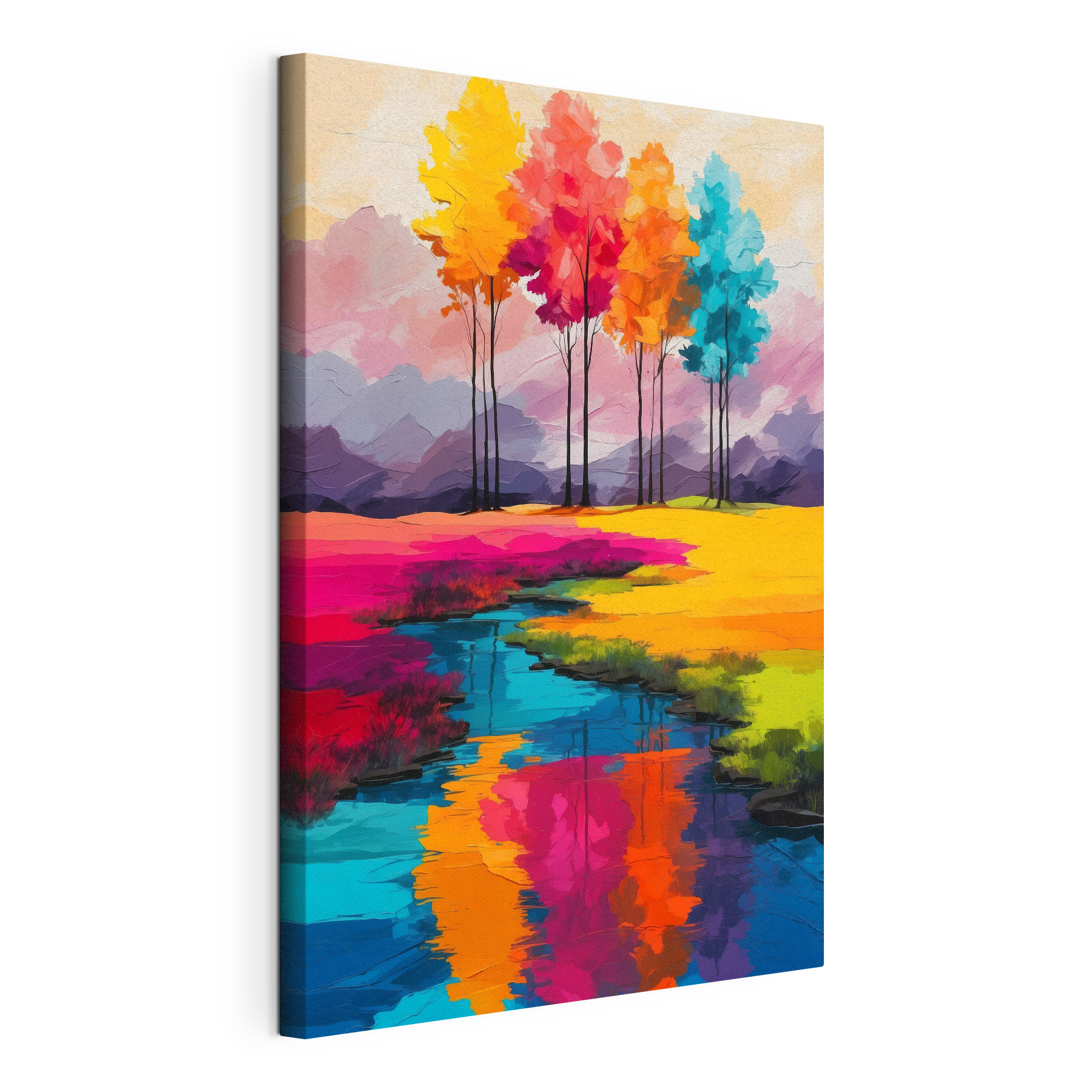 Painting of a river running through a field of colorful trees Painting of a river running through a field of colorful trees