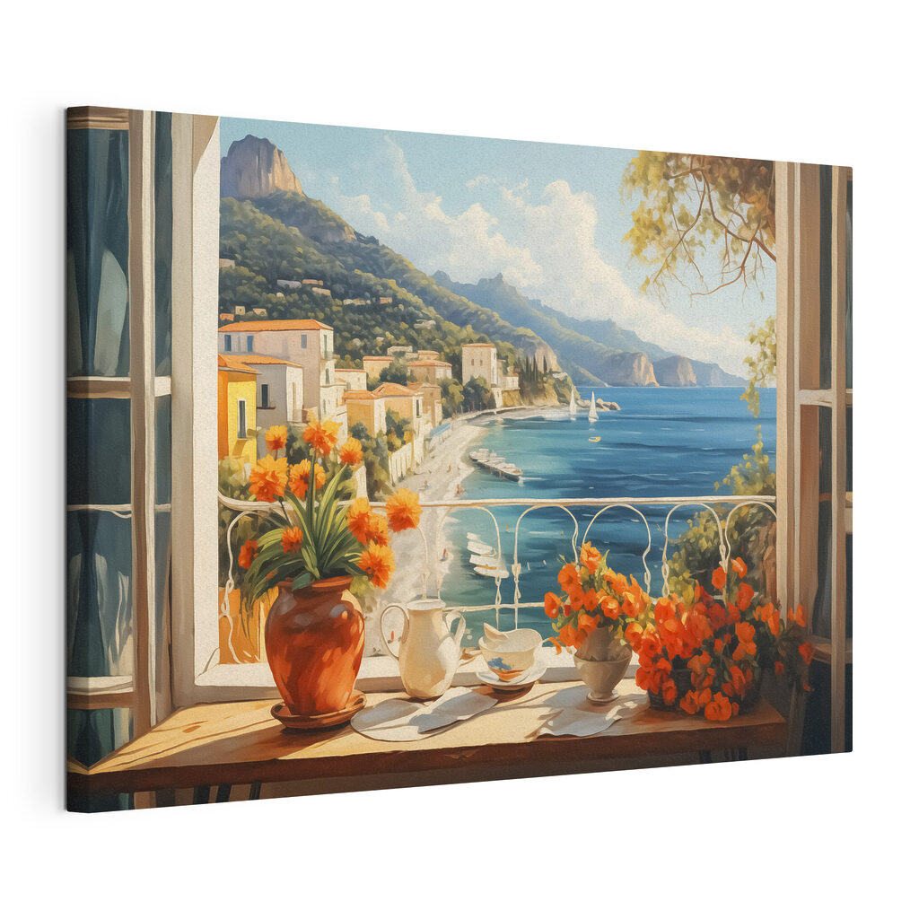 Painting of a beach with a view of a town and mountains Painting of a beach with a view of a town and mountains