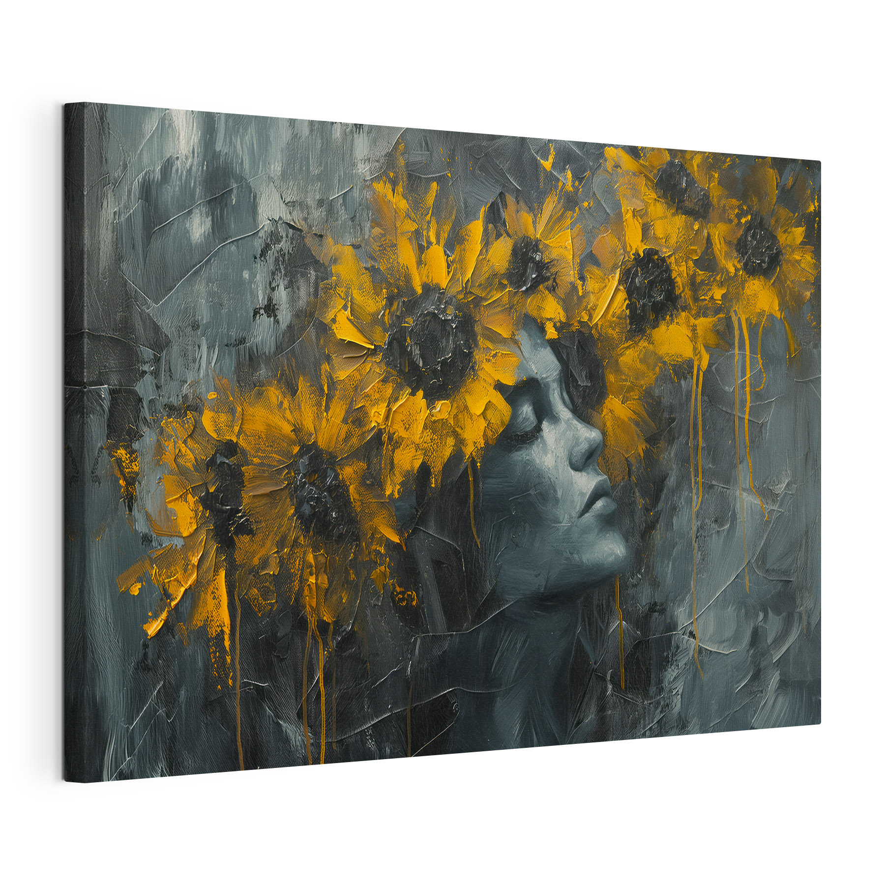 Painting of a woman with yellow flowers Painting of a woman with yellow flowers
