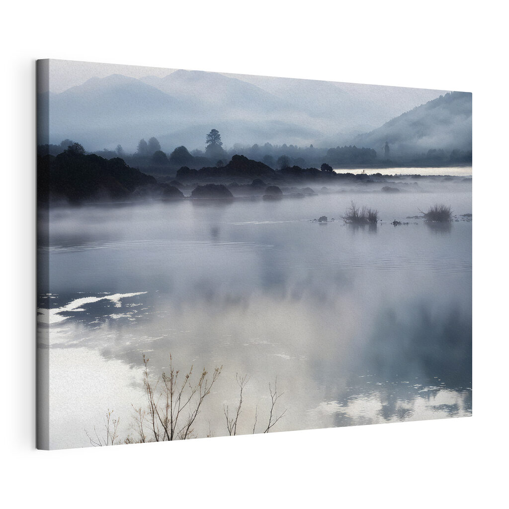 Foggy landscape with mountains and water Foggy landscape with mountains and water