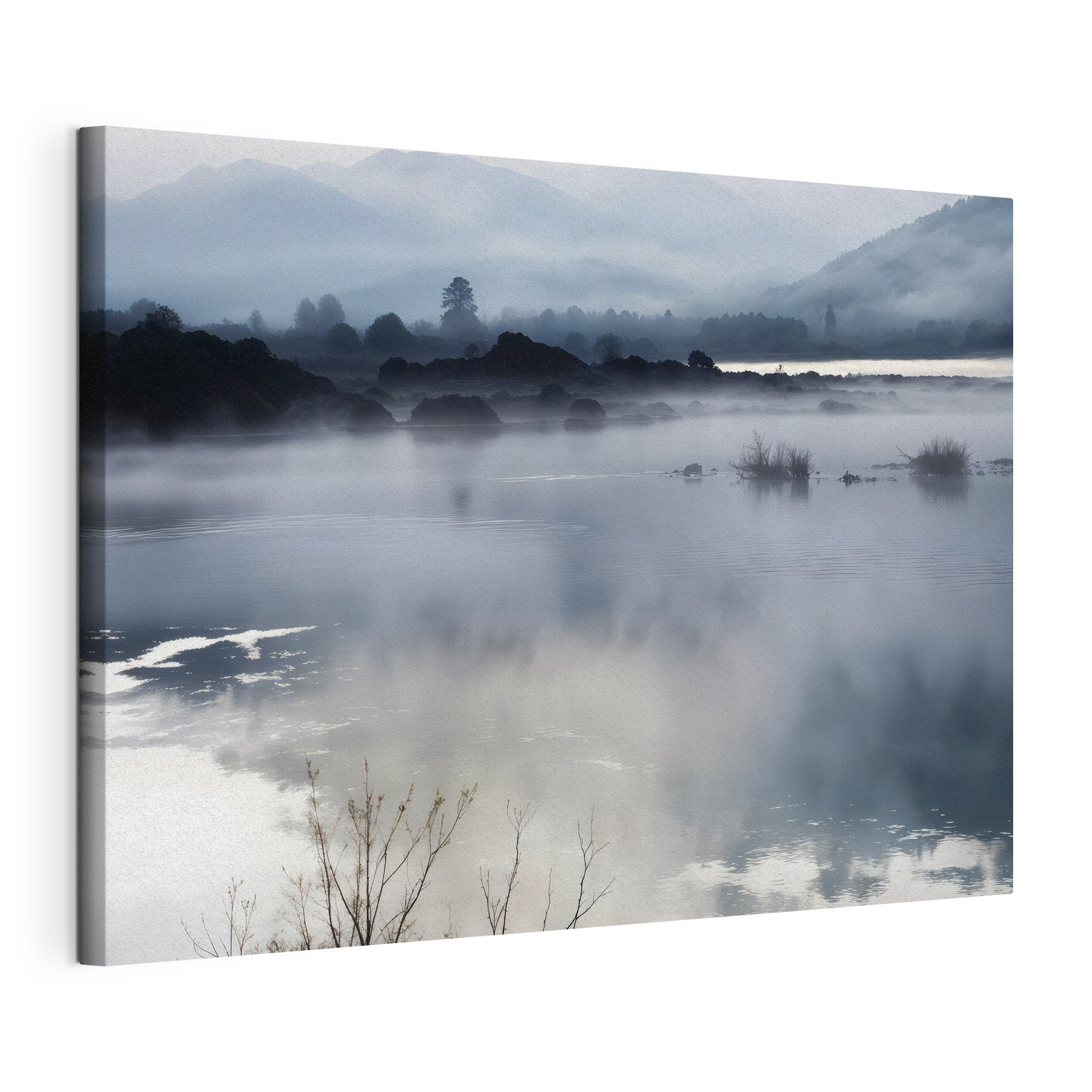 Foggy landscape with mountains and water Foggy landscape with mountains and water