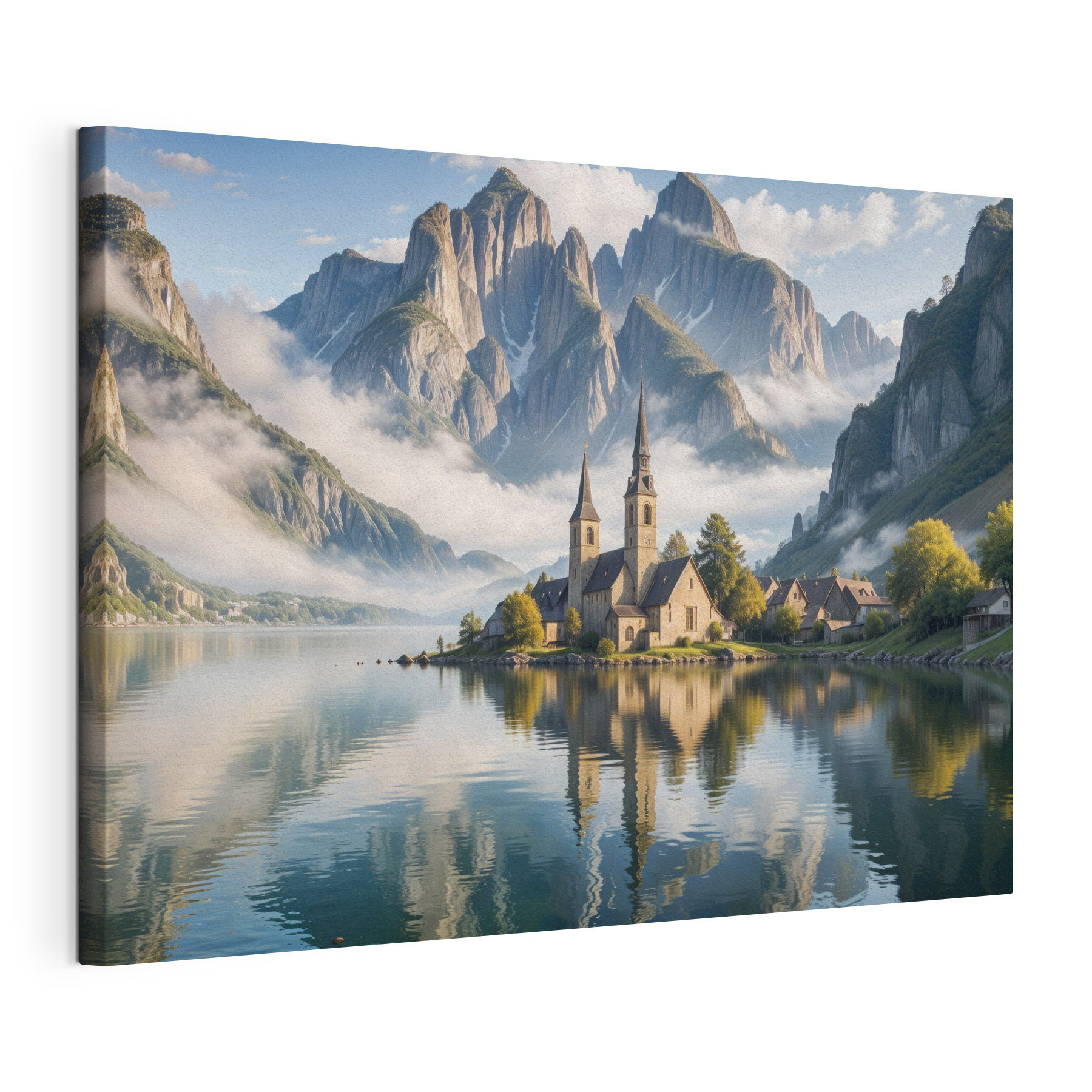 Building on a small island with a lake and mountains in the background