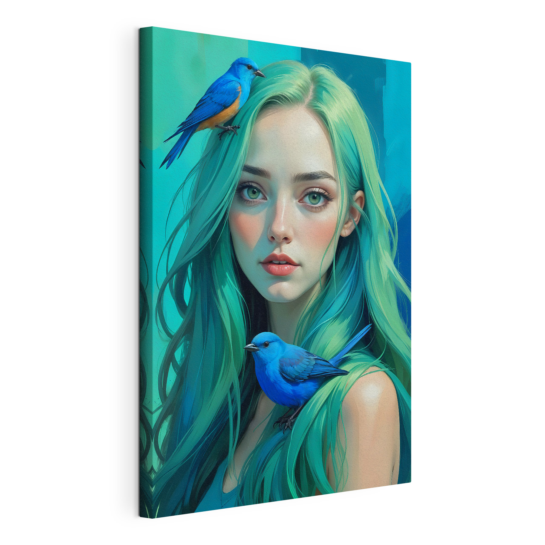 Woman with green hair and a blue bird