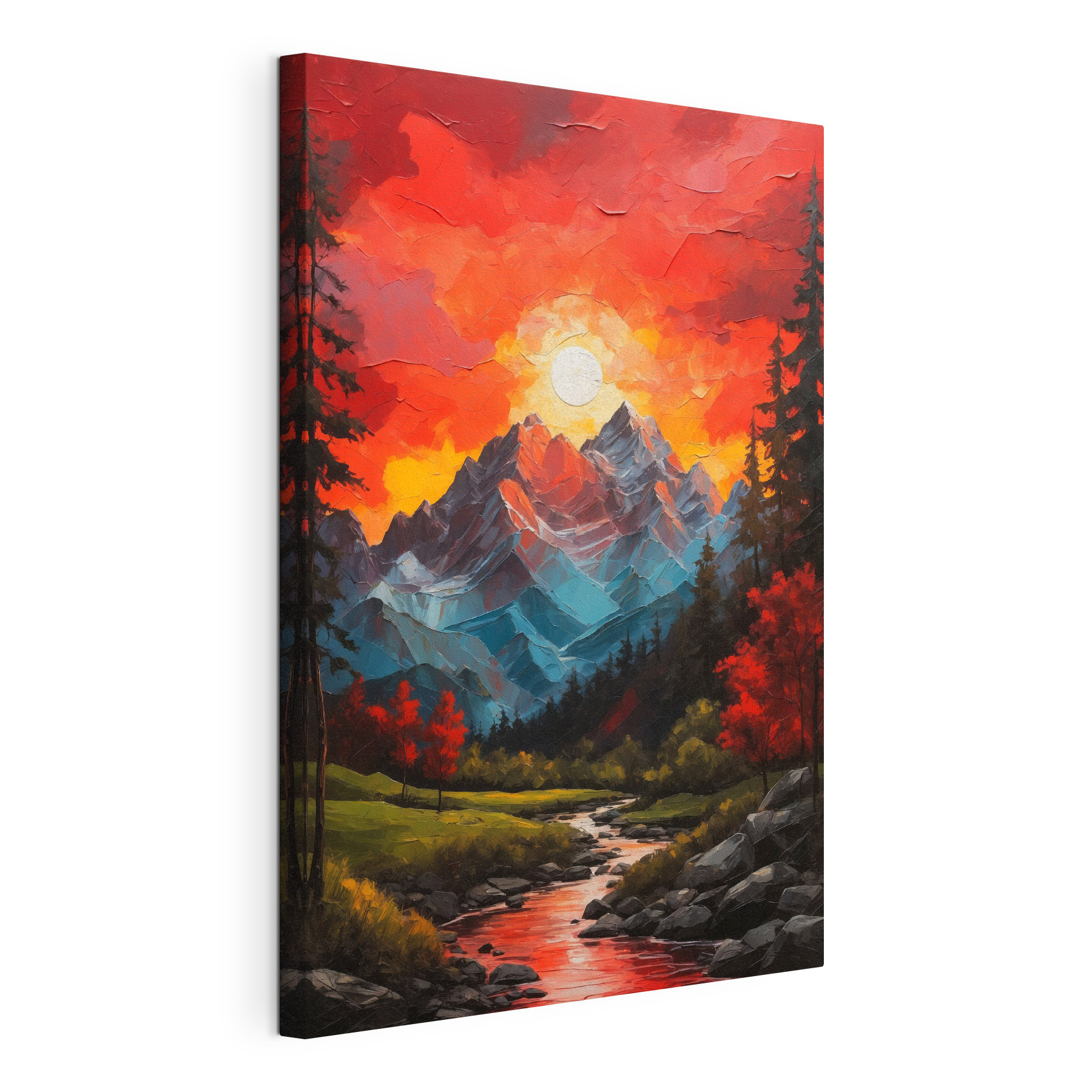 Painting of a mountain range with trees and a river
