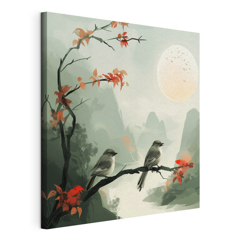 Birds on a branch with red leaves and a full moon Birds on a branch with red leaves and a full moon