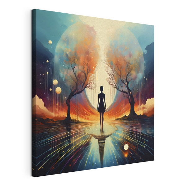 Quadri Quadri Una donna in piedi su una superficie riflettente, con alberi e una grande luna (COD: s40713)