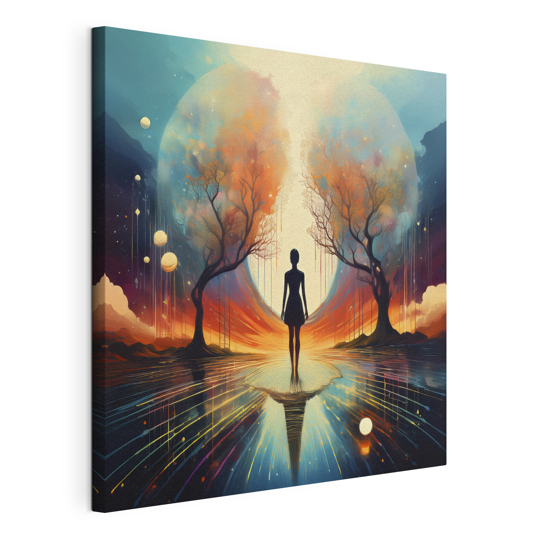 Woman standing on a reflective surface with trees and a large moon