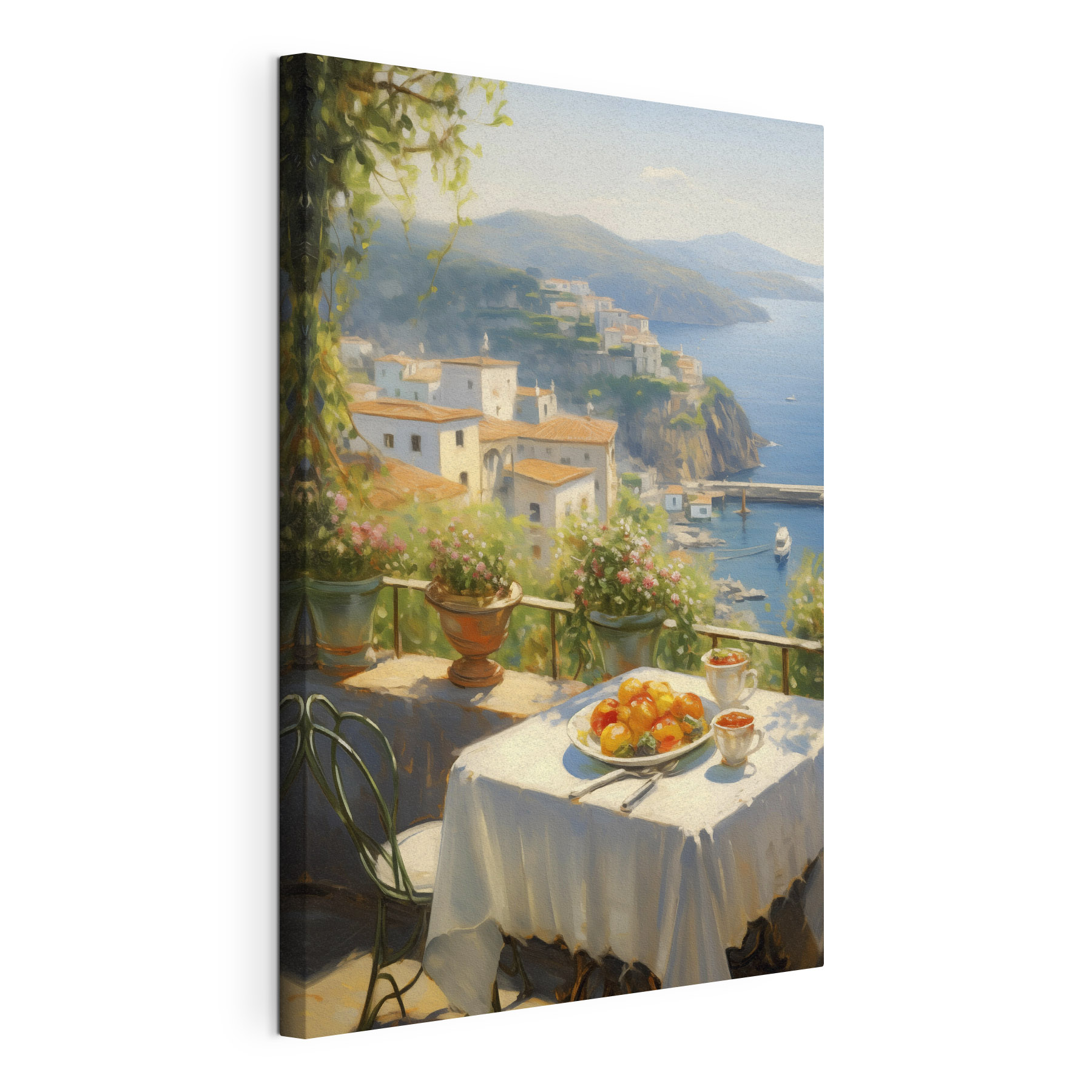 Table with fruit on it and a view of the ocean Table with fruit on it and a view of the ocean