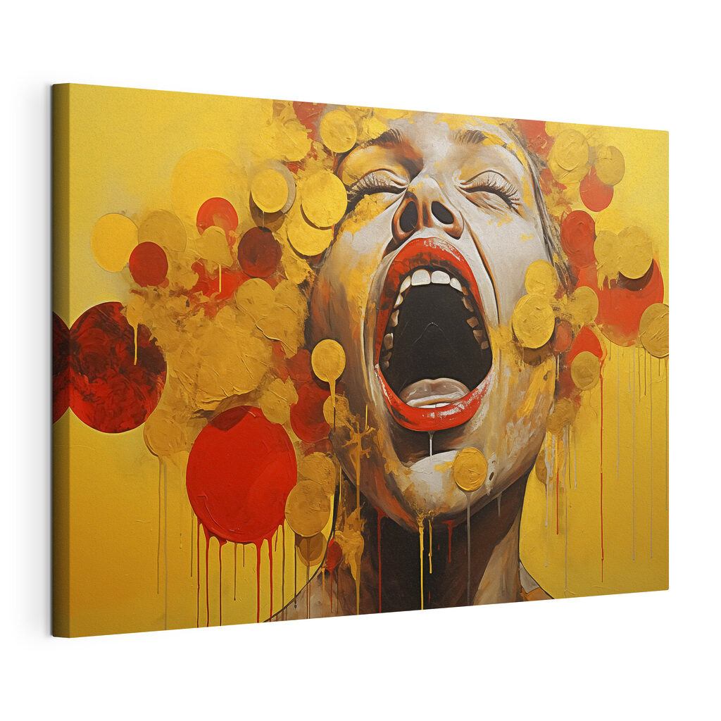 Painting of a woman with yellow and red paint dripping Painting of a woman with yellow and red paint dripping