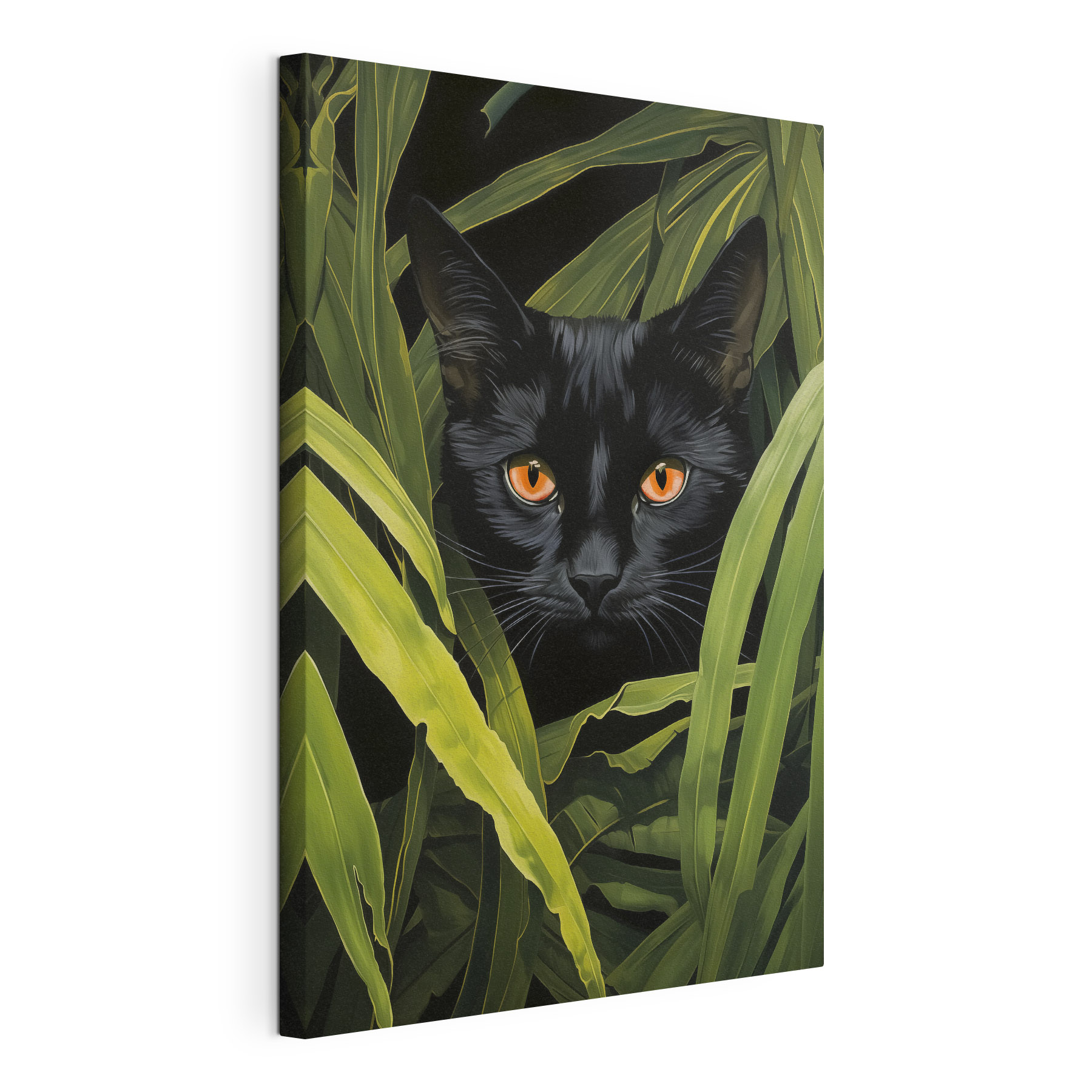 Black cat with orange eyes peeking through tall green plants Black cat with orange eyes peeking through tall green plants