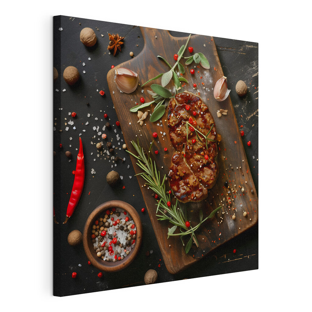 Piece of meat with spices and herbs on a cutting board