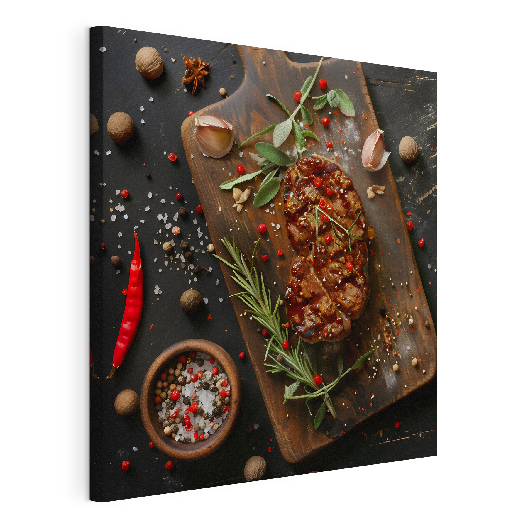 Piece of meat with spices and herbs on a cutting board