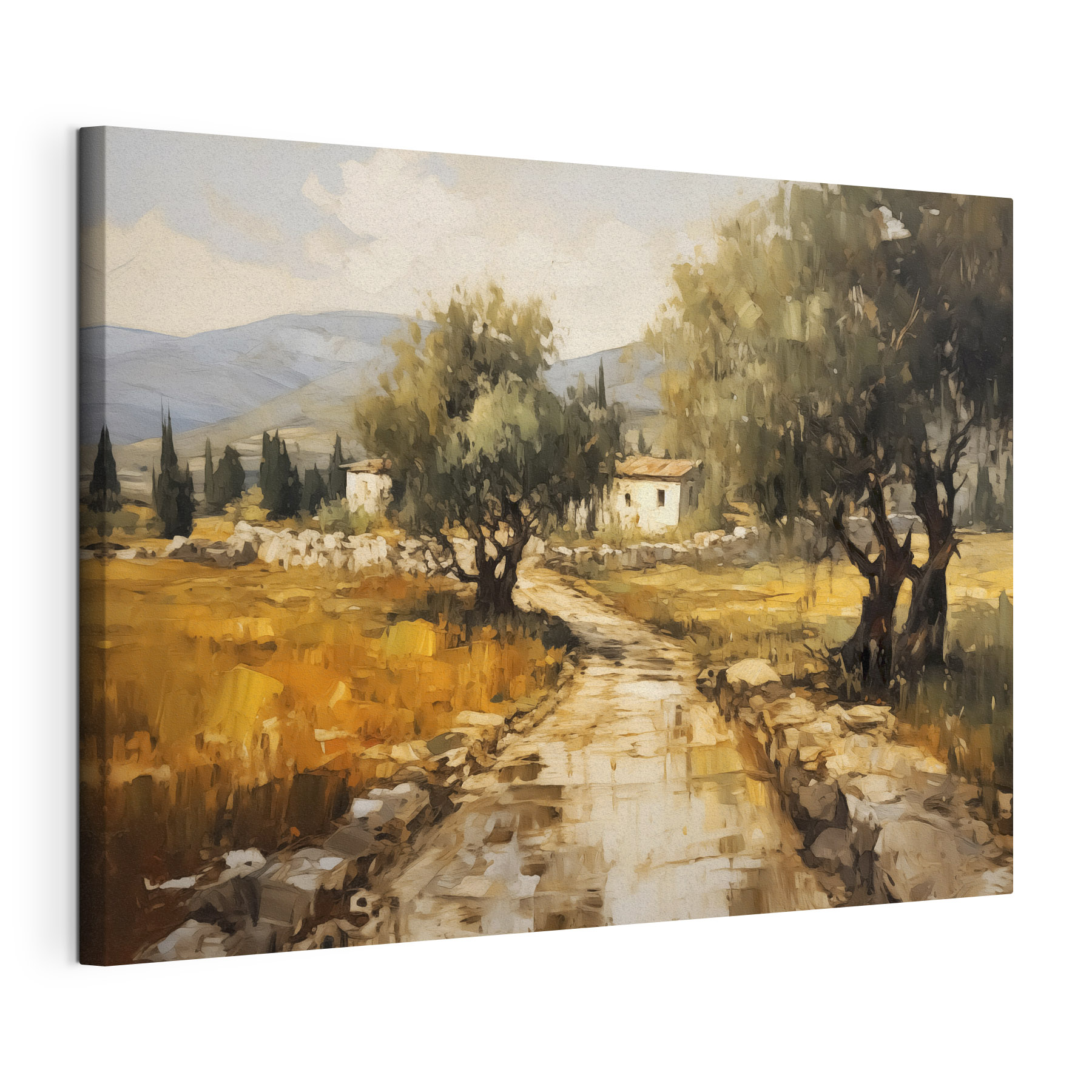 Painting of a road with trees and a house in the background Painting of a road with trees and a house in the background