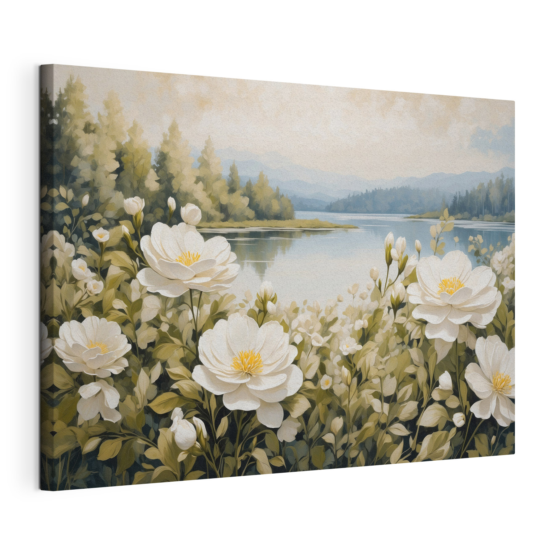 Painting of flowers by a lake