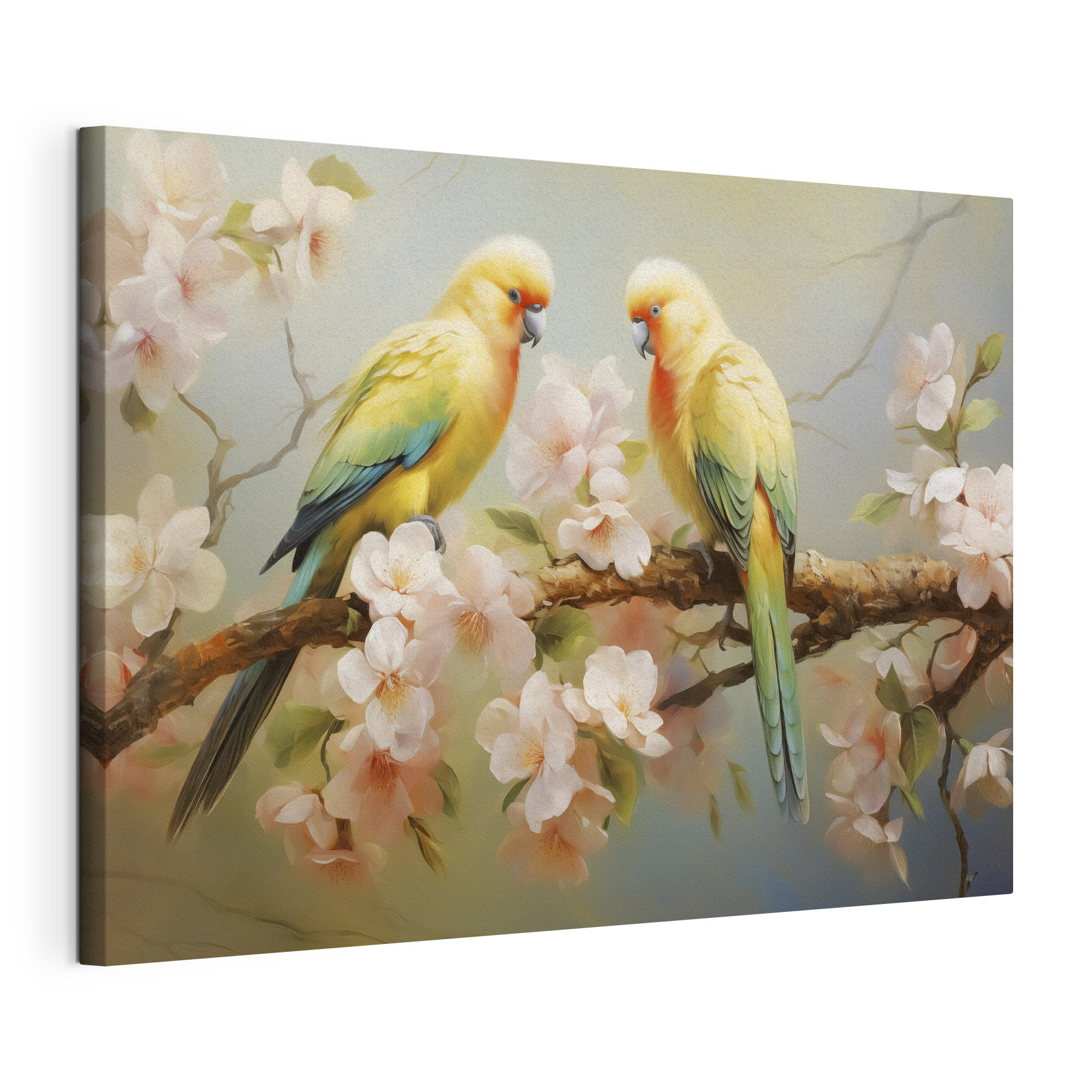 Two birds on a branch with flowers