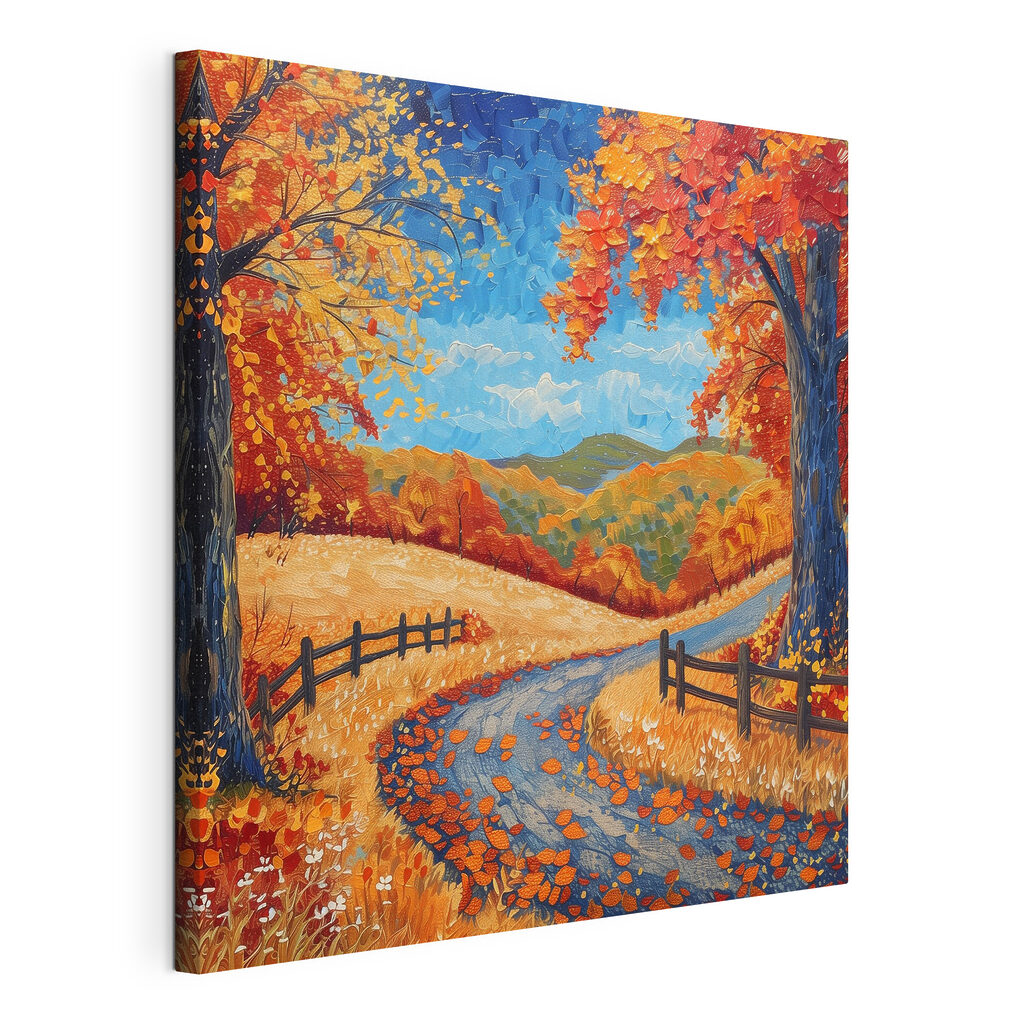 Painting of a road with trees and a fence Painting of a road with trees and a fence
