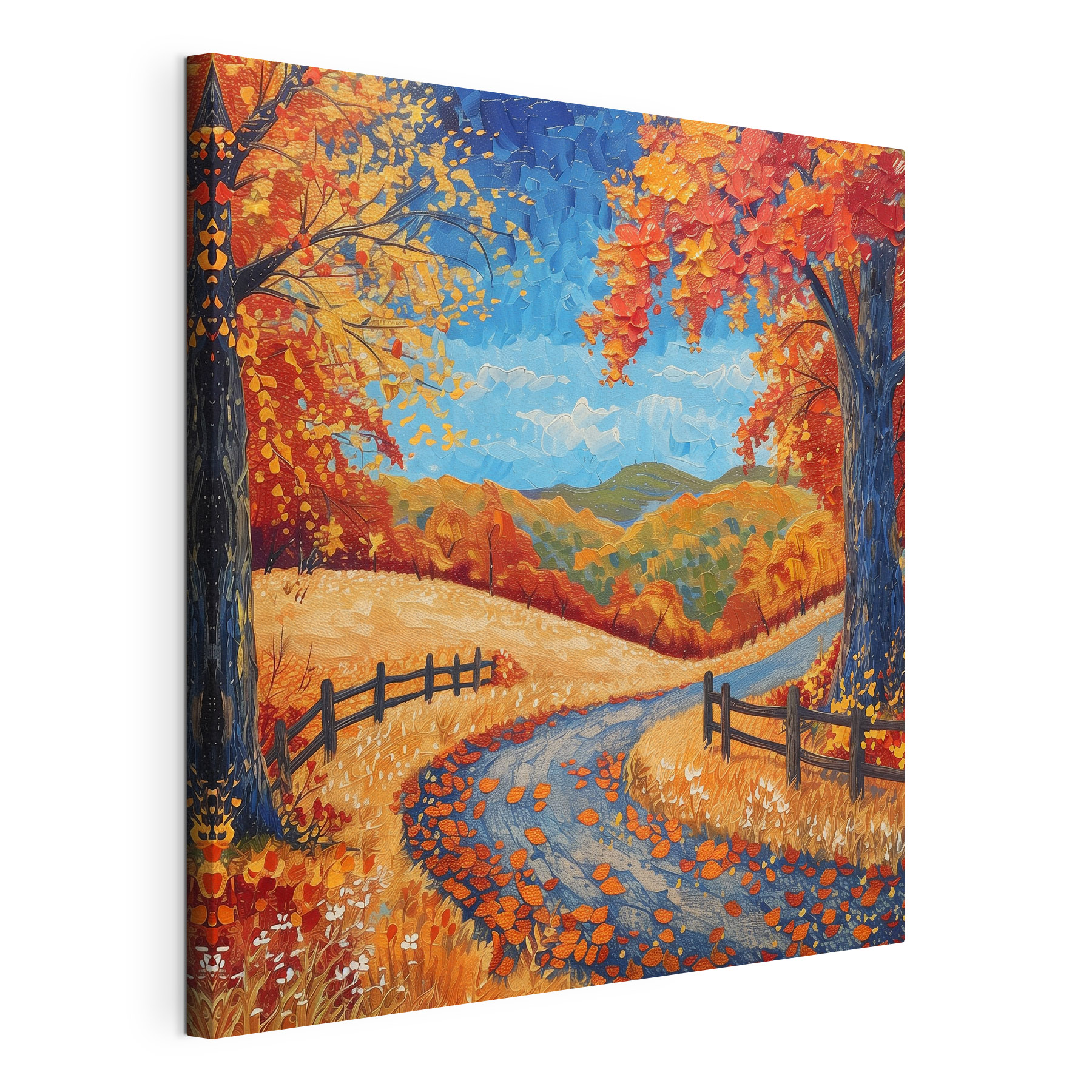 Painting of a road with trees and a fence Painting of a road with trees and a fence