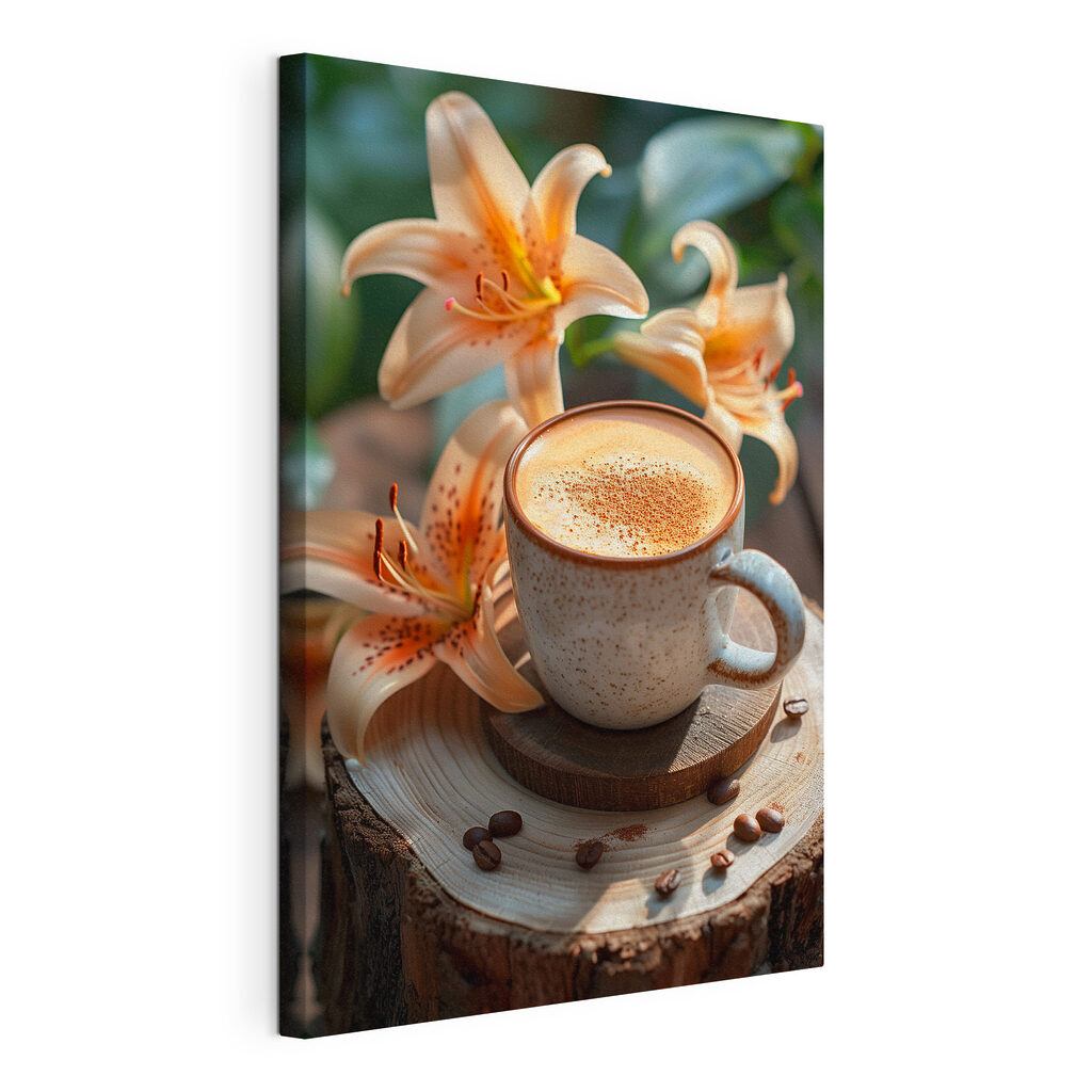 Coffee cup with a foamy foam on top of a wood stump with flowers Coffee cup with a foamy foam on top of a wood stump with flowers