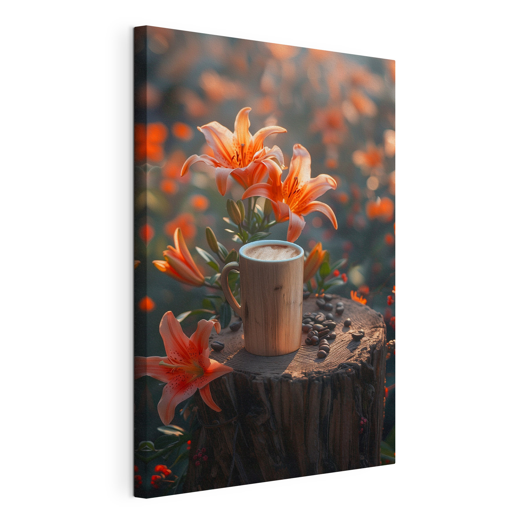 Cup of coffee on a stump with orange flowers Cup of coffee on a stump with orange flowers