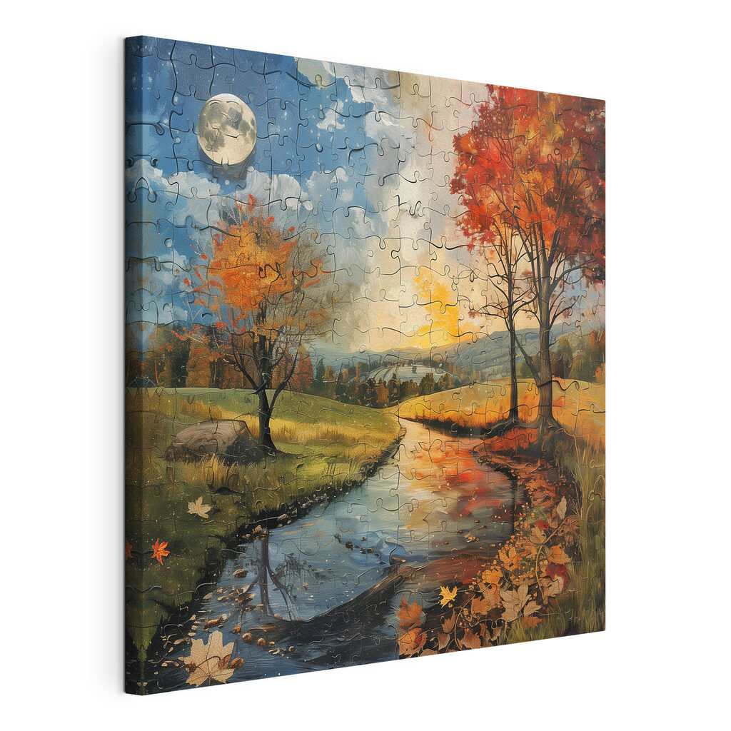 Puzzle of a river with trees and a moon Puzzle of a river with trees and a moon